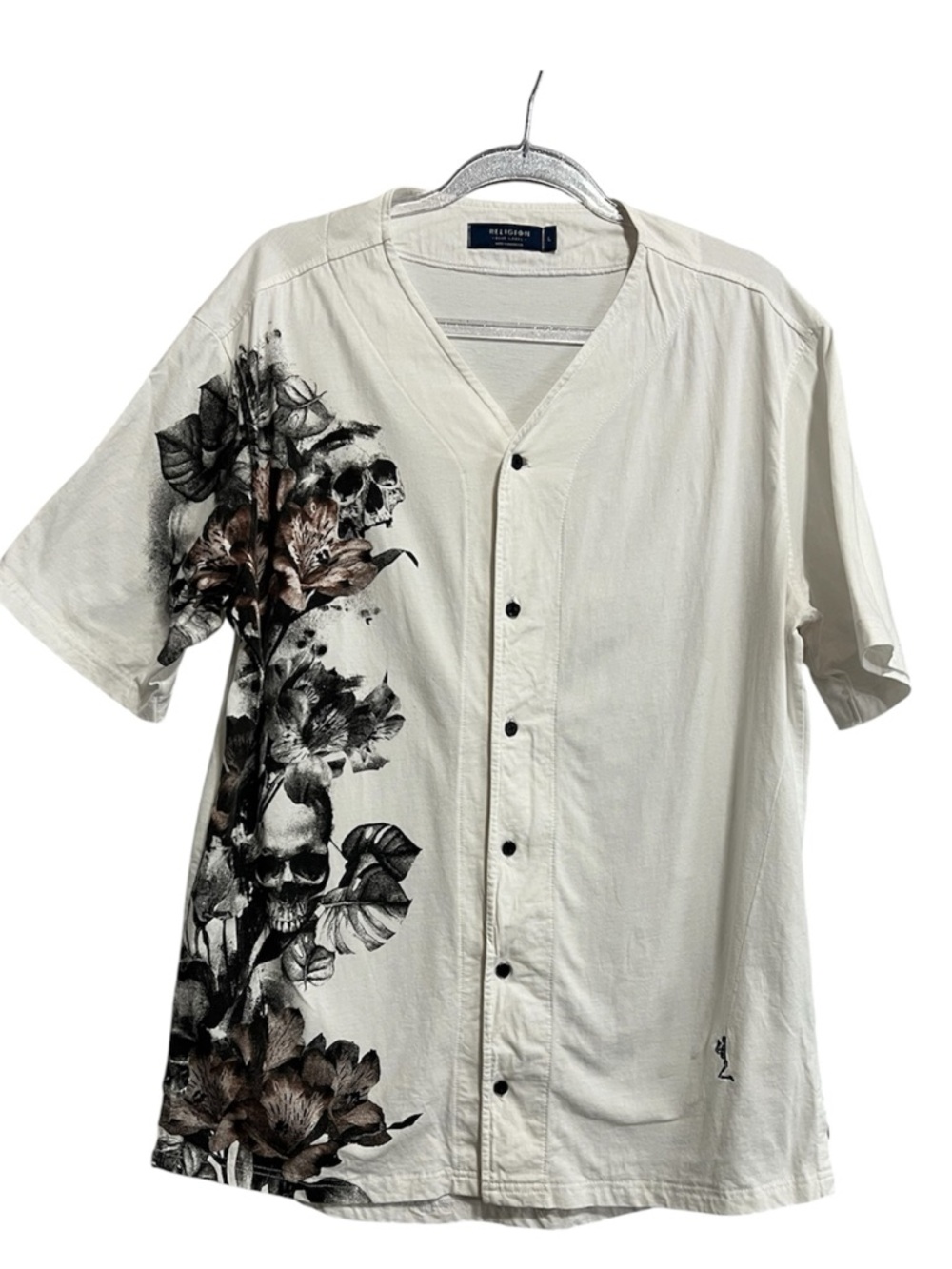 Religion White Button Front Tee with Floral Skull Print Praying Skeleton Size L